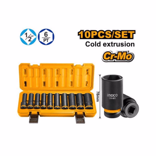 HKISSD12102L Ingco - 10PCS 1/2 Deep impact socket set - HKISSD12102L - Image 1